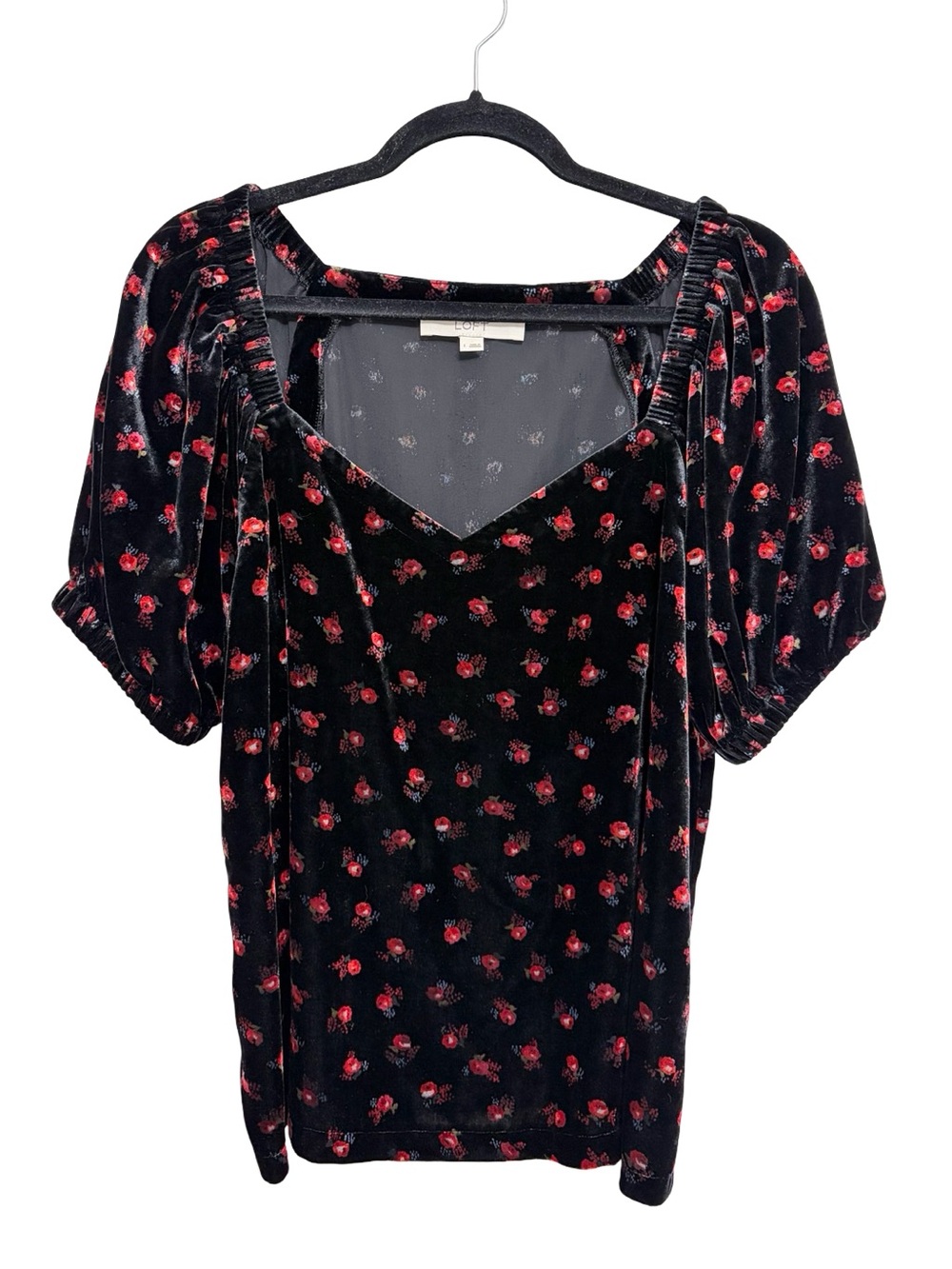 LOFT Black and Red Dainty Floral Velvet Puff Sleeve Blouse - Size L